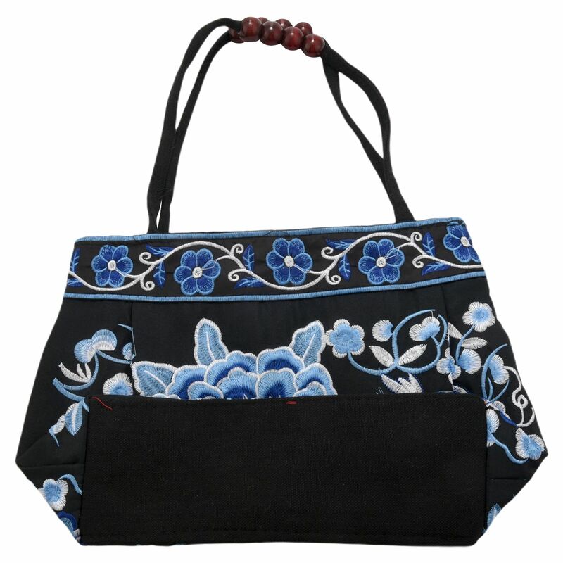 女性のための中国のスタイルの刺繍ハンドバッグ,エスニックサマーファッション,花,手作り,ショルダーバッグ,クロス,青