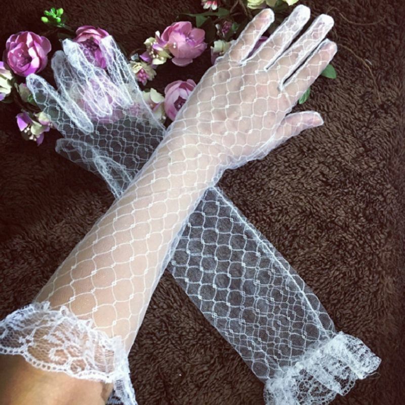 652F Bridal Ruffled Lace Long Gloves Elegant Courtesy Summer Elbow Length Mittens for Women Girls Wedding Halloween Party