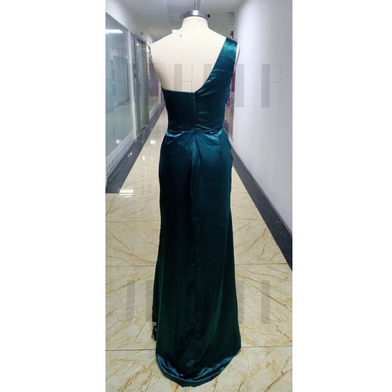 JEHETH Sexy Dark Green Evening Dress Formal One Shoulder Floor Length High Split Prom Gown Satin Party Long Dress Custom Size