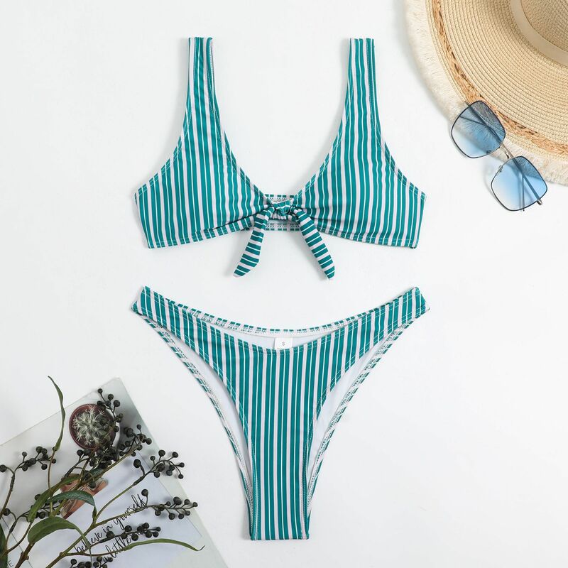New Sexy Green Striped Bikinis Swimsuits Women Swimwear Thong Beach Wear Bathing Suits Brazilian Bikini Set Pool Bather 2024