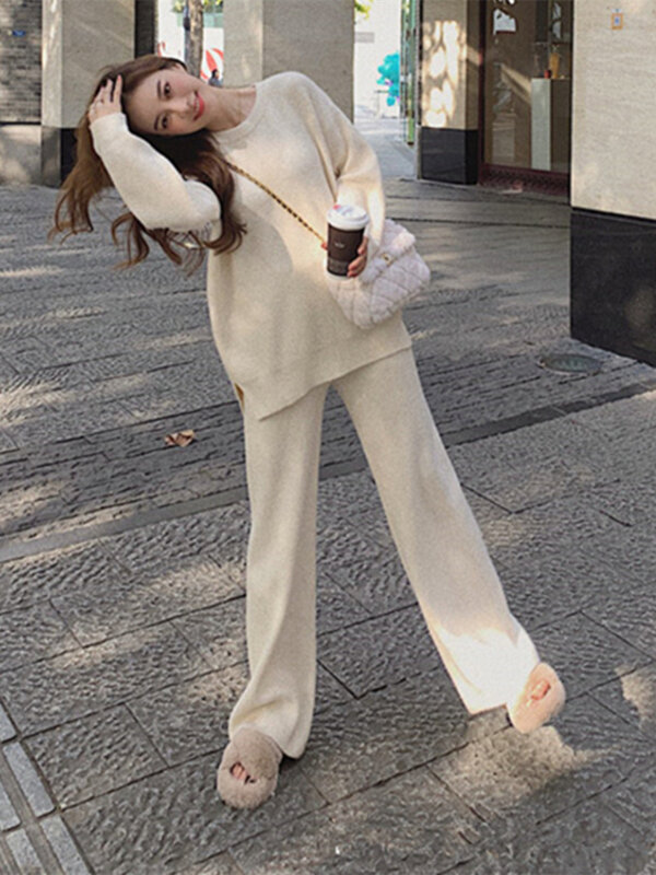 Women Autumn New Two Piece Set Pullover Sweater Tracksuit High Waist Knit Straight Pants Suit Spring Clothes 155-165cm
