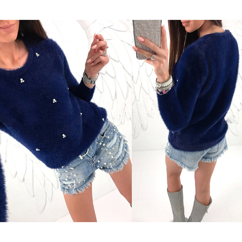 Bigsweety-suéter de felpa con cuentas para mujer, jersey de manga larga con cuello redondo y piel de conejo, a la moda, otoño e invierno, 2023