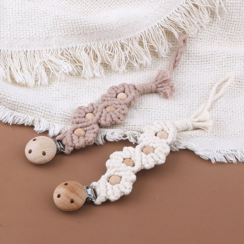 Vintage crochê flor bebê chupeta clipe artesanal corda de algodão faia contas de madeira titular do mamilo anti-gota manequim chupeta clipes