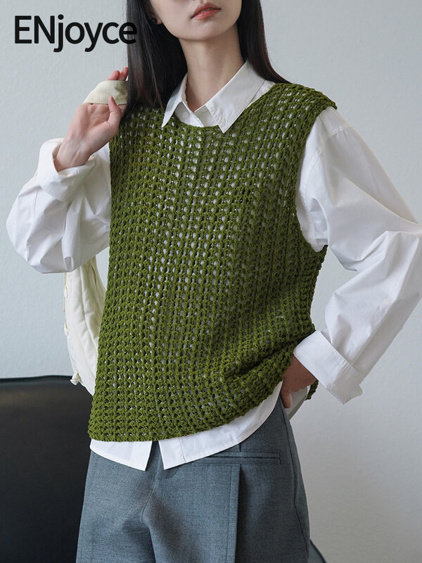 ENjoyce-Chaleco de Punto Verde Vintage para mujer, camisetas sin mangas de moda coreana, camisola sin mangas, jerséis de punto calados