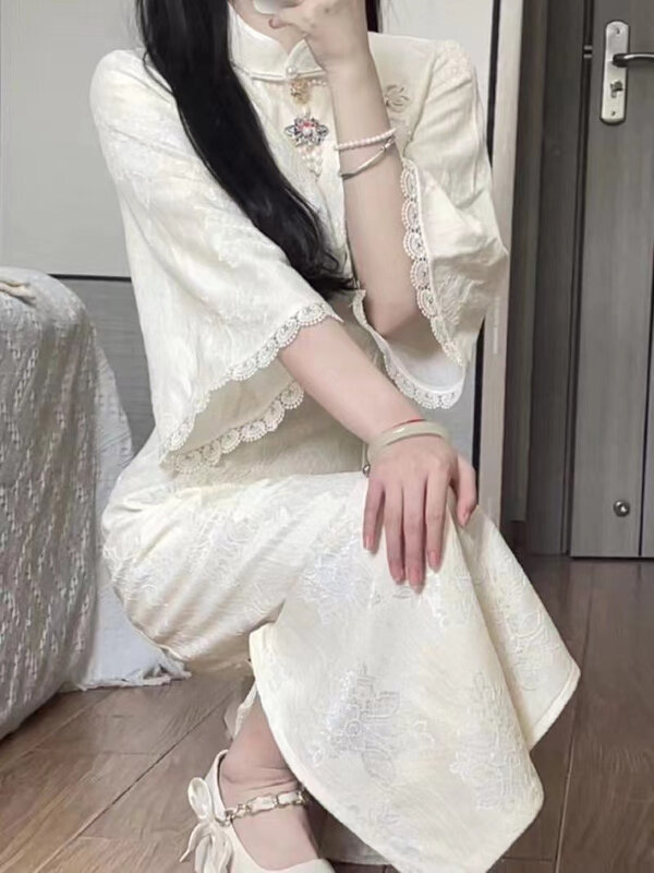 Qipao vestido largo dividido de una pieza para mujer, vestido pequeño de estilo de la República de China, a la moda