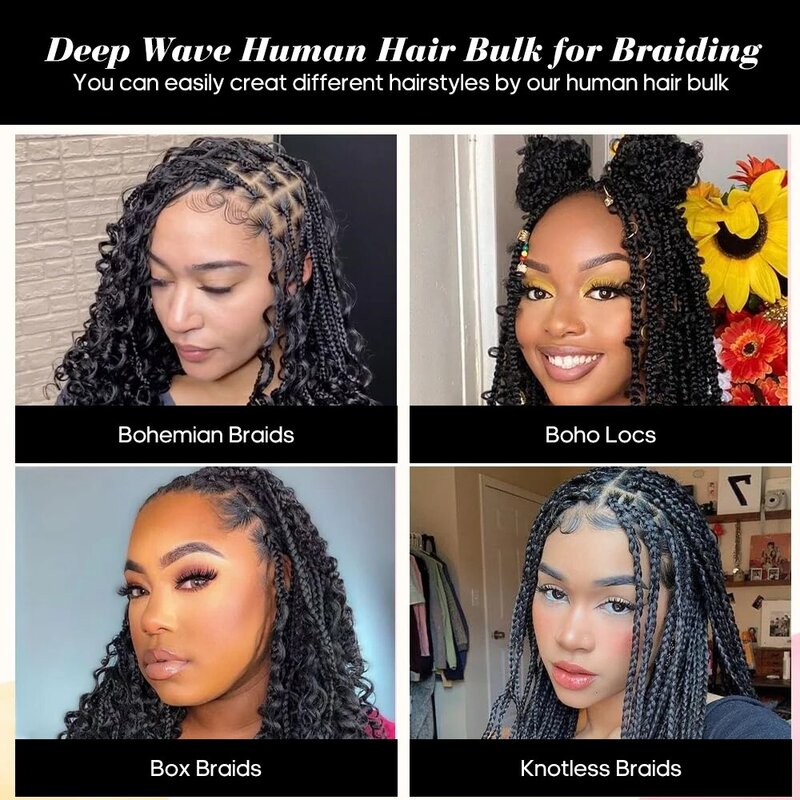 2 Bundles Human Braiding Hair for Boho Braids, 14Inch 100G 10A Brazilian Virgin Deep Wave Bulk Human Hair for Braiding