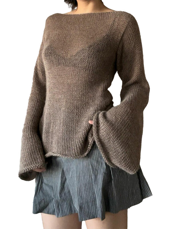 Женский вязаный свитер Y2K, однотонный Повседневный пуловер с длинным рукавом и вырезом лодочкой, вязаный крючком Топ, осень 2023