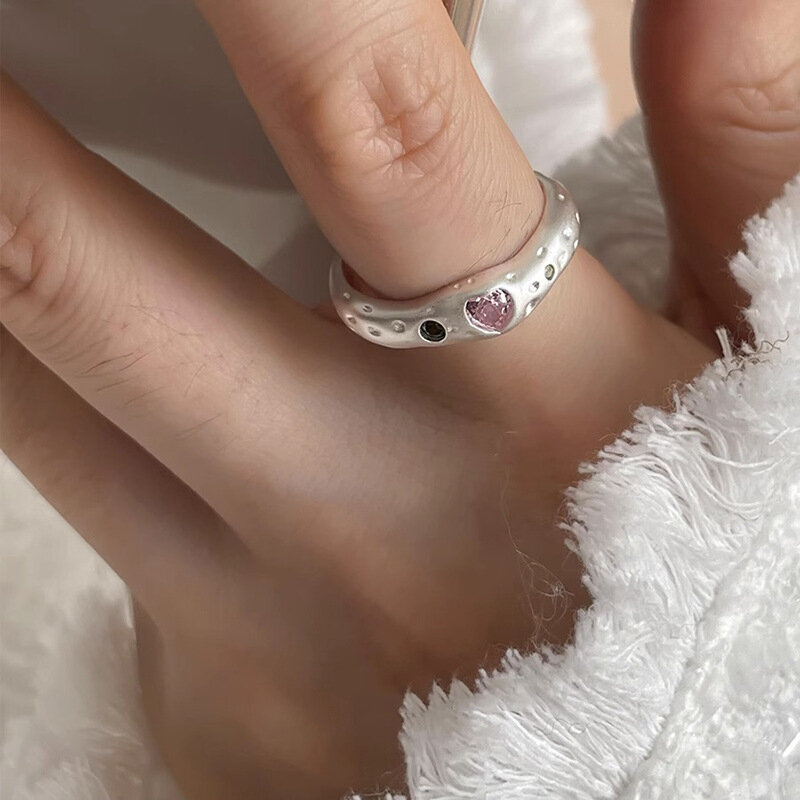 925 próby srebrne proste Retro różowe kamienne pierścienie dla kobiet geometryczna moda smiple'a otwarta ręcznie robiona biżuteria na przyjęcie dla alergików