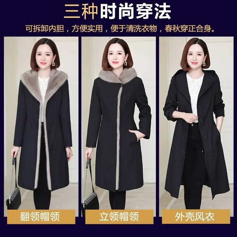 เสื้อโค้ทขนสัตว์เทียมสำหรับผู้หญิง, เสื้อโค้ทตัวยาวหนาสามารถถอดออกได้สำหรับฤดูหนาว