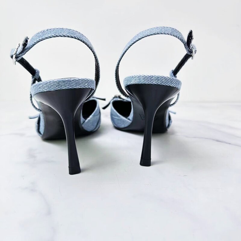 Chaussures à Talons Hauts pour Femmes, Bretelles Peu Profondes en Denim, Baotou Creux, Sandales Stiletto Sexy à la Mode, Nouvelle Collection 2024