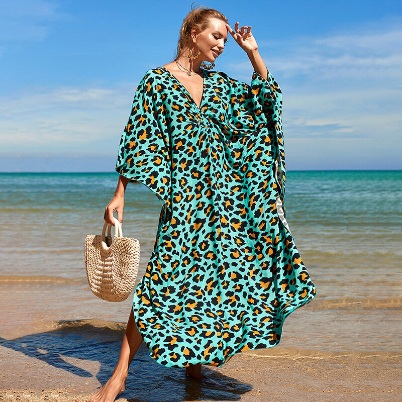 2024 Summer European American New Women Print Blouse Seaside Holiday Dress Loose Blouse Bikini Swimsuit Gown Outerwear Blue