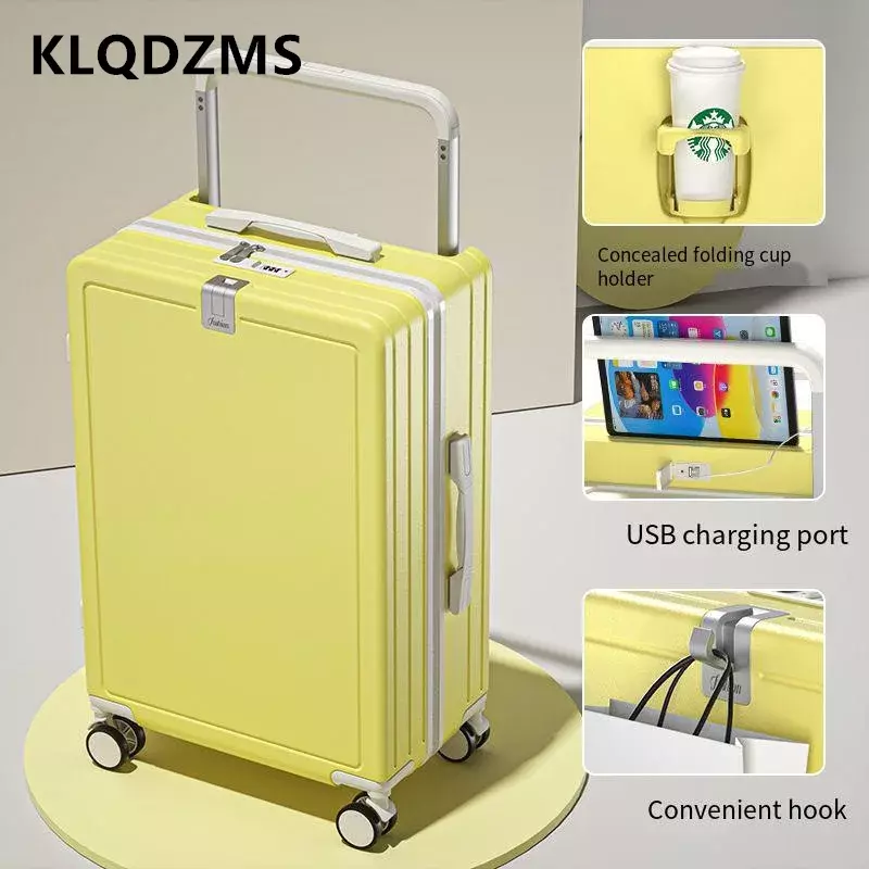 KLQDZMS ABS + PC koper baru 20 "22" 24 "26 wanita Boarding Box Pria USB pengisian troli casing dengan Cup Holder kabin bagasi