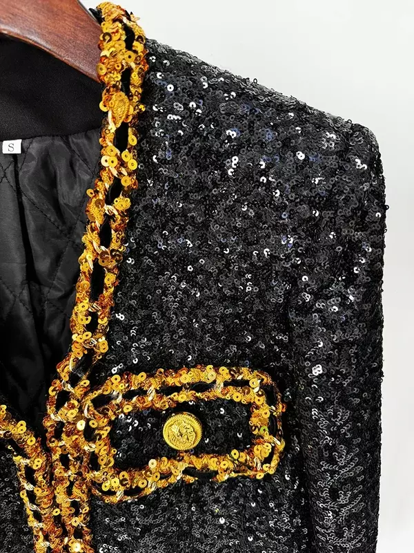 Najnowsza moda 2024, nowa designerska damska kurtka ze złotymi łańcuszkami i cekinami. Kurtka damska