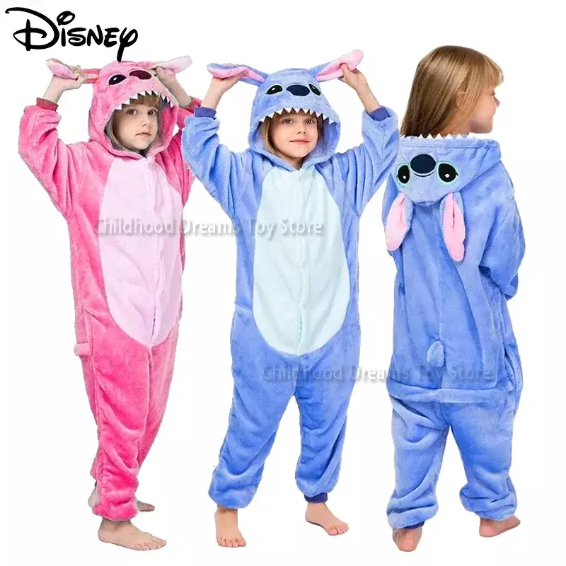 Disney Stitch zimowa piżama dzieci piżamy niebieskie różowe kombinezony Stich chłopięce Unisex flanelowa koszulka nocna komplety ubrania domowe