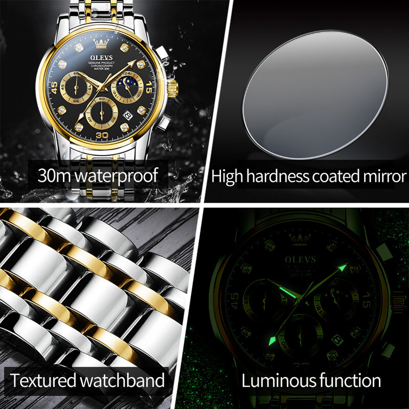 OLEVS jam tangan Quartz pria, arloji fase bulan multifungsi tahan air baja tahan karat untuk lelaki