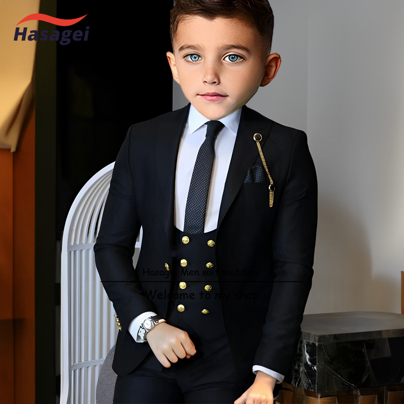 White Suit for Boys 2-16 years old Customized Suit Children's Wedding Tuxedo Gold Buttons 3-piece Set Jacket Vest Pant