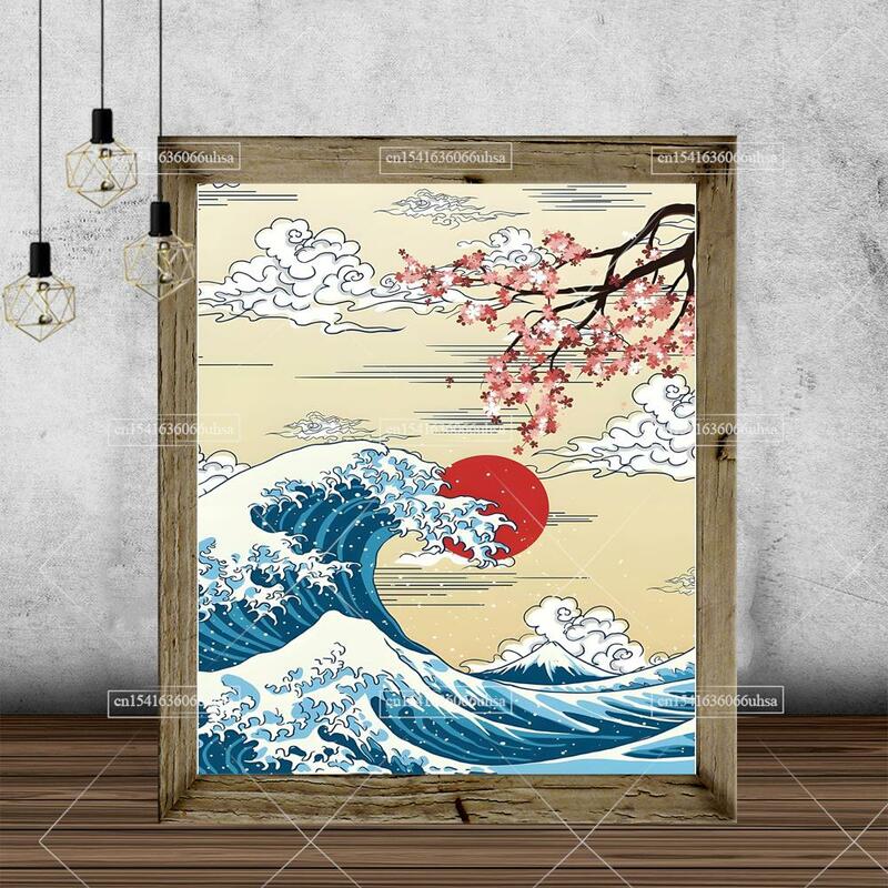 Peinture de diamant de la grande vague, art japonais de diamant d'arbre sans fleur, broderie de point de croix de mosaïque, affiches de décor de mur