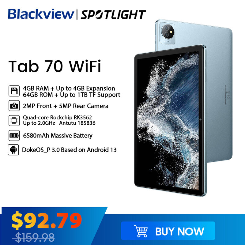 Планшет Blackview Tab 70, Wi-Fi, Android 13, 4 + 64 ГБ, 10,1 дюйма, 6580 мА · ч