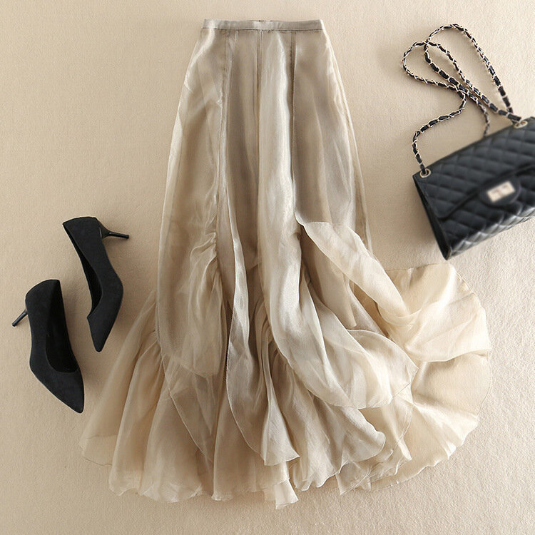 Falda de hoja de loto de cintura alta Irregular, longitud media, gasa esponjosa, nuevo estilo de verano