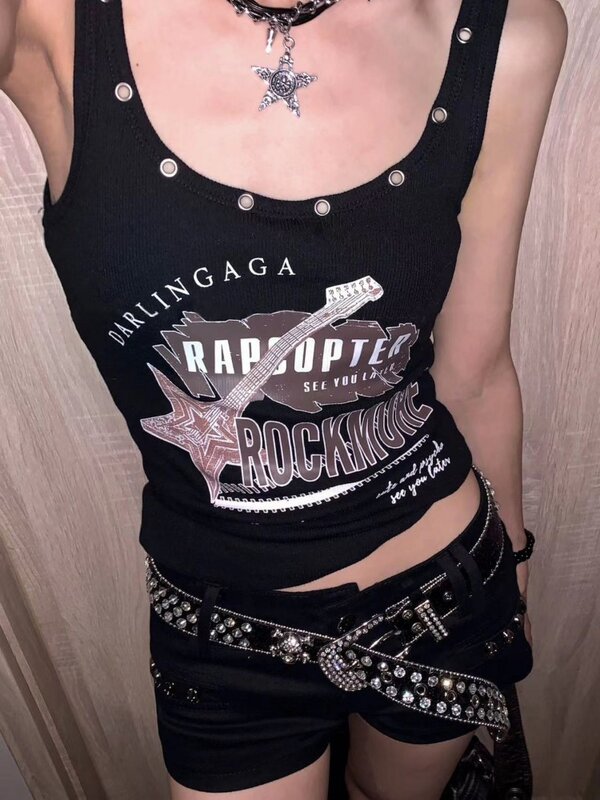 Deeptown-camisola Vintage Punk Rock para mujer, ropa de calle gyuu Y2k, camisetas sin mangas negras sexys, Tops cortos góticos de estilo Hip Hop para verano