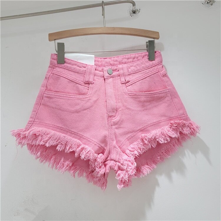Spodenki jeansowe z frędzlami z wysokim stanem damskie letnie popularne gorące dziewczyny krótkie jeansy modne różowe najnowsze spodnie