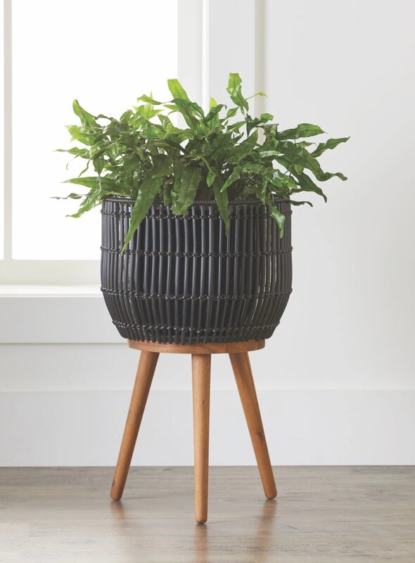 Black Round Resin Planter & Stand Set with Wood Legs