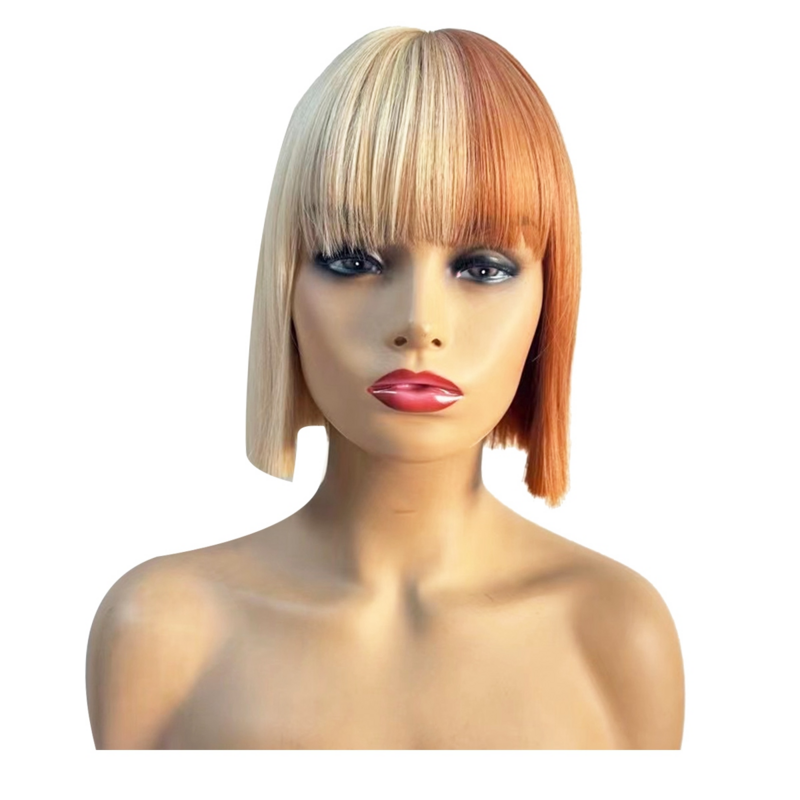 WIND FLYING 10 Inches Bob Wig with Bangs Pumpkin Head Beige Brown Shoulder Length Synthetic Wig Use Short Straight Wig Set