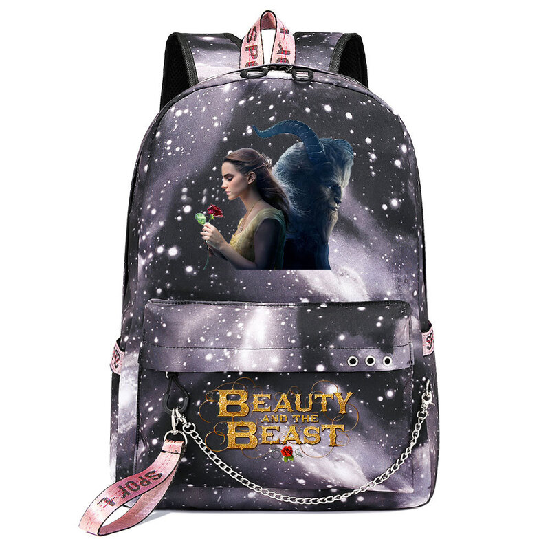แฟชั่น Disney Beauty และ Beast กระเป๋าเป้สะพายหลังวัยรุ่นชาร์จ USB Chain กระเป๋าเป้สะพายหลังนักเรียน Bookbag Mochila