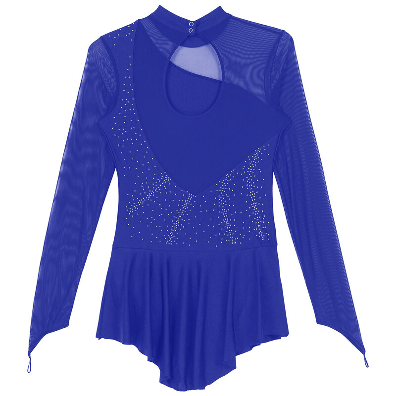 Tiaobug-Vestido de manga larga para mujer, vestido de baile de patinaje artístico con purpurina, diamantes de imitación, malla transparente, retales, leotardo, espalda, abertura en forma de cerradura