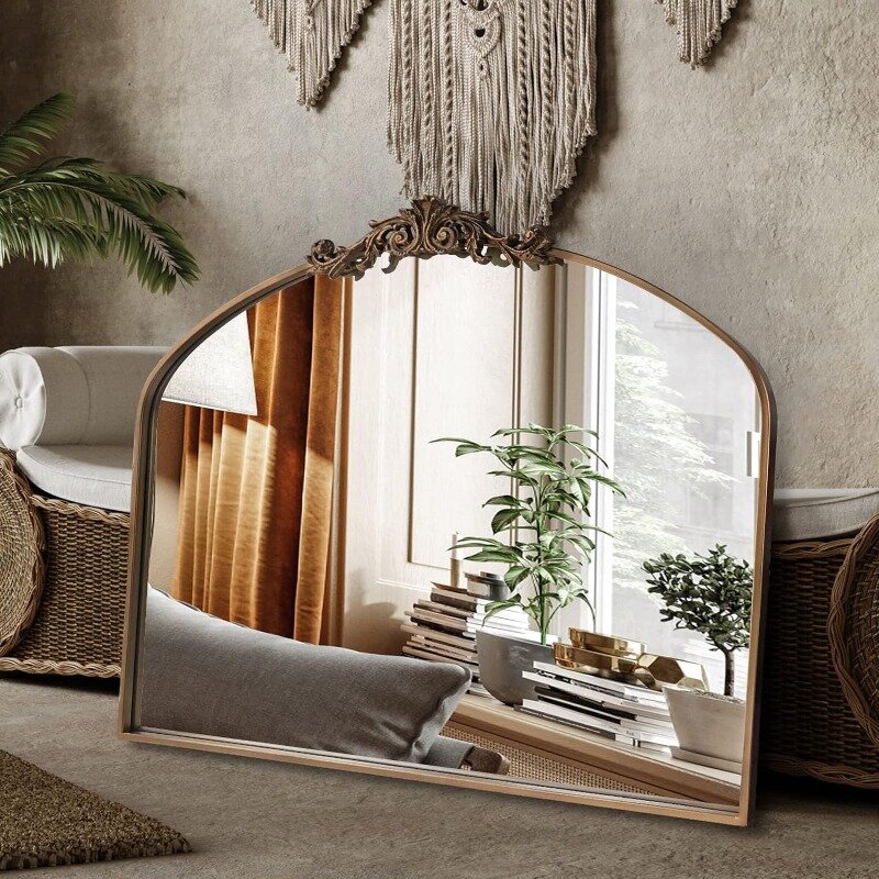 Золотистое арочное зеркало, барочное Латунное зеркало для камина, викторианское винтажное зеркало с полноразмерной рамой, декоративное зеркало
