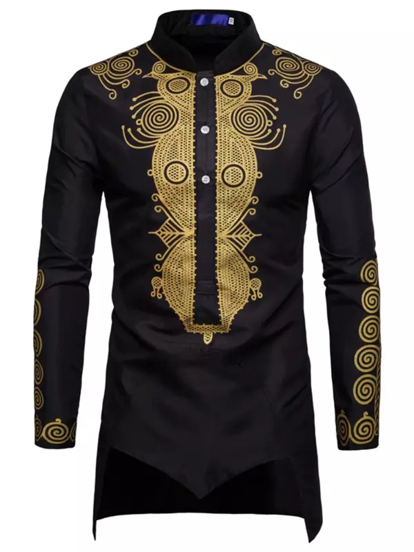 Moslim Mannen Overhemd Islamitische Kleding Print Stand Kleur Tops Kurta Nationale Gedrukt Lange Mouwen Man Folk Hip Hop Streetwear
