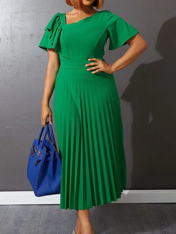 LW-maxivestido verde elegante para mujer, Color sólido, sin espalda, una línea, manga corta, cuello cuadrado, largo hasta el tobillo, Verano