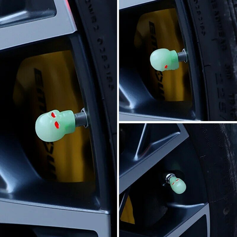 4Pcs Skull Fluorescent Car Tire Valve Caps Auto Motorcycle Bicycle Nozzle Cap Decor Night Glowing Wheel Plug Cover Accessories