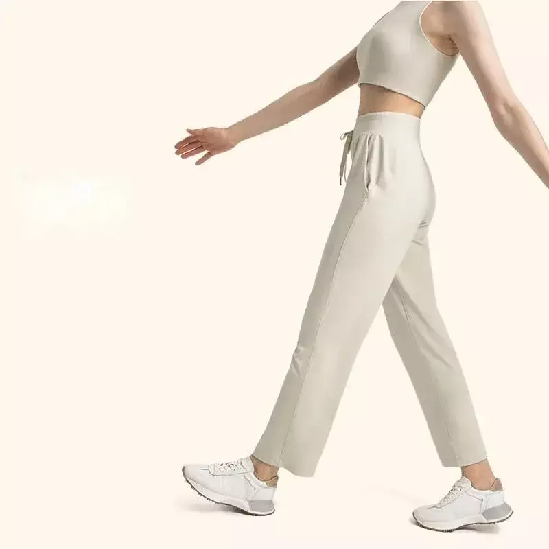 Лимоновые прямые штаны на шнуровке с высокой талией, облегающие брюки, впитывающие пот, 4 способа эластичности, приятные на ощупь штаны для йоги с карманами
