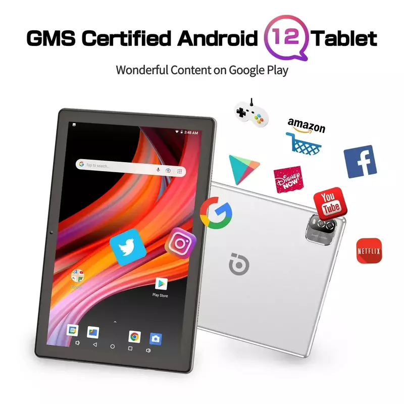 PRITOM-Android 12 Tablet, 10.1 Polegada, 3GB de RAM, 64GB ROM, Processador Quad Core, WiFi 6, GPS, HD IPS tela 8.0 MP câmera traseira