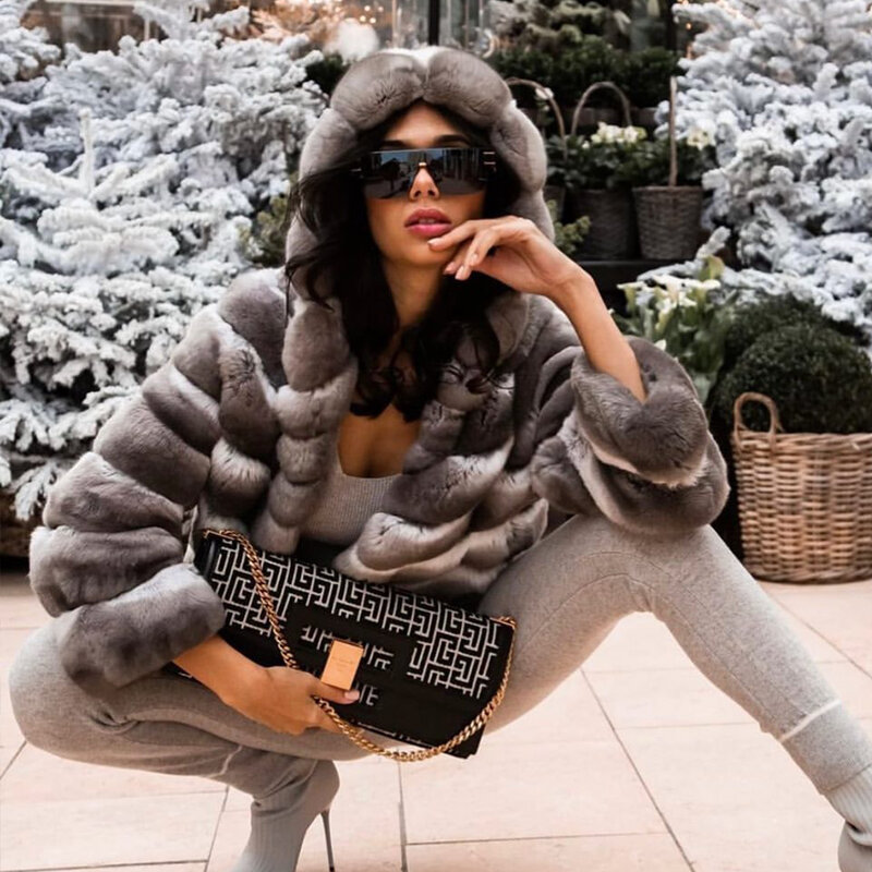 Chinchilla Real Coat Women's Winter Fur Jacket Real Rex Rabbit Fur Coat With Hood Luxury Brands Women's Short Coat