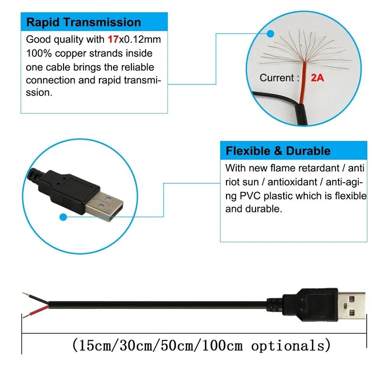 USB 2.0 męski wtyk 2pin nieosłonięty przewód przewód zasilający USB DIY kabel pigtailowy dla sprzętu USB zainstalowany DIY wymienić naprawa małych wentylatorów