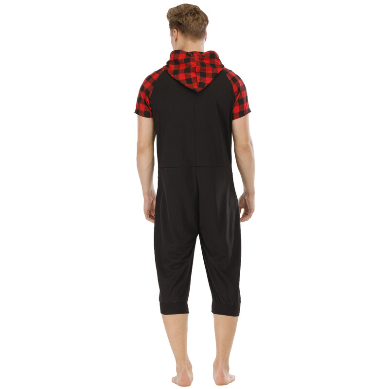 Setelan Pakaian Tidur Pria Lengan Pendek Motif Hitam Musim Panas Kostum Pakaian Tidur Dewasa Piyama Bertudung
