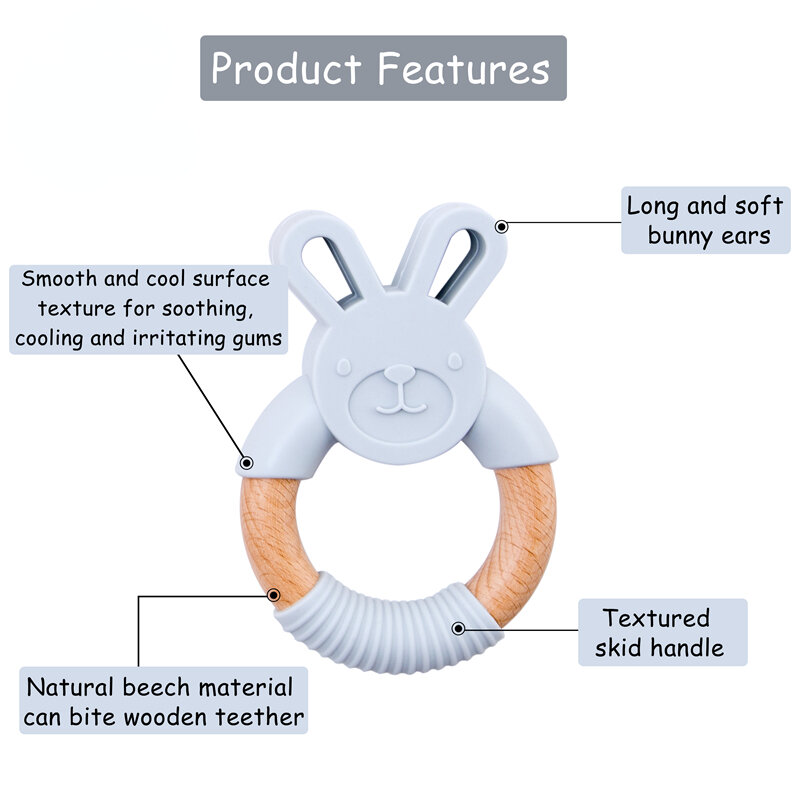 Mordedor de silicona con forma de conejo para bebé, mordedor de madera sin BPA, accesorios de dentición, juguetes de dentición de grado alimenticio, 1 ud.