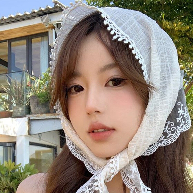 Korean Ins Lace Hair Scarf Women Retro Triangle Hair Band Strap Hair Bag Headscarf Hat Travel Photo Headband Turban Accessorie
