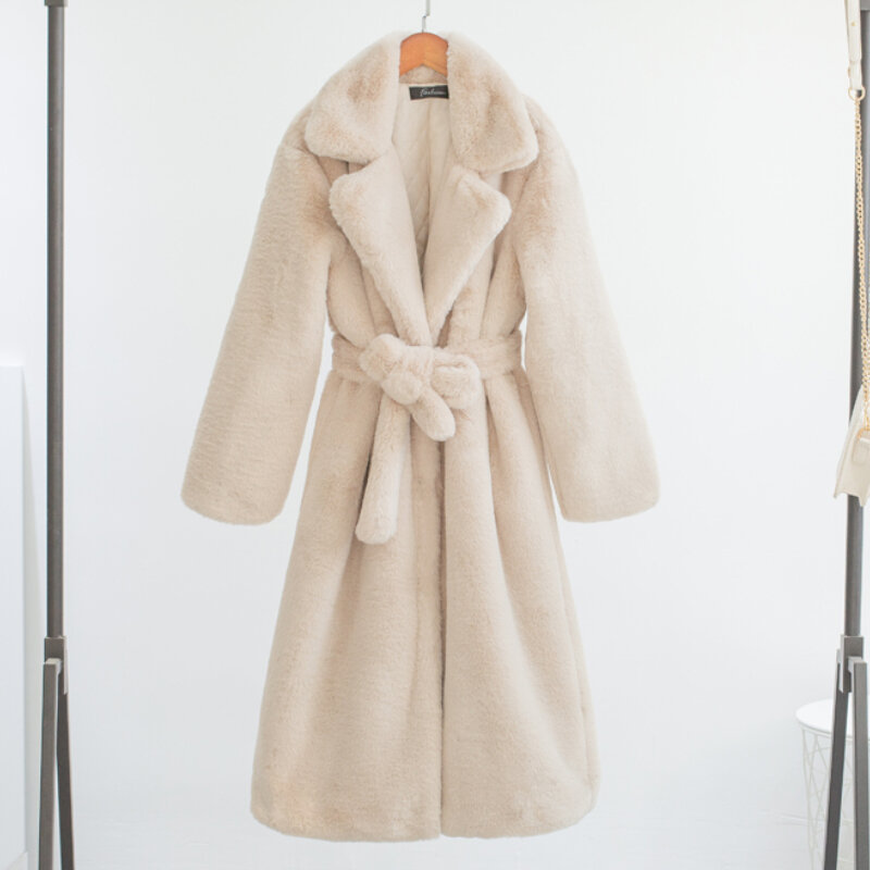 Abrigo de piel sintética de conejo para mujer, abrigo largo de lujo, solapa suelta, grueso y cálido, talla grande, Invierno