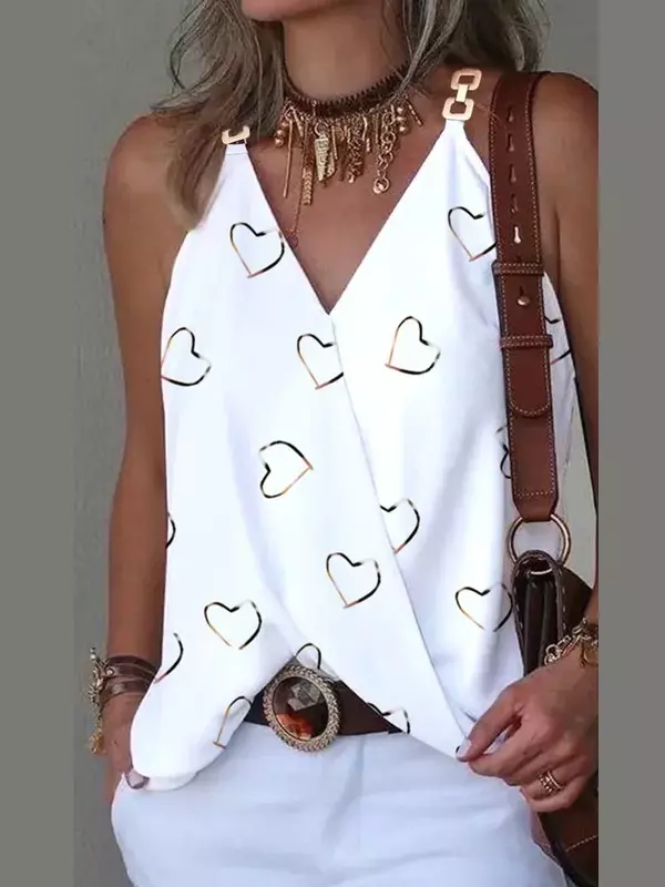 2024 New Elegant V-Neck Blouse for Women, Sexy Sleeveless Chain Print, Lady Casual Tops, White, Summer