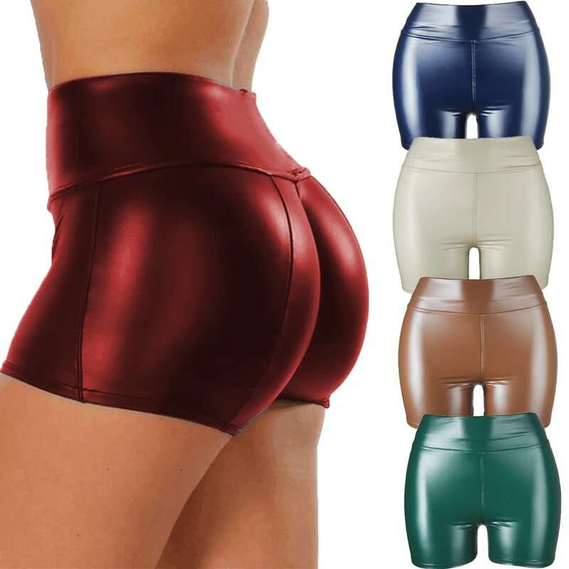 Pantalones cortos de cuero sintético para mujer, pantalón corto de cintura alta, ropa de noche Sexy para discoteca, ropa deportiva para Fitness