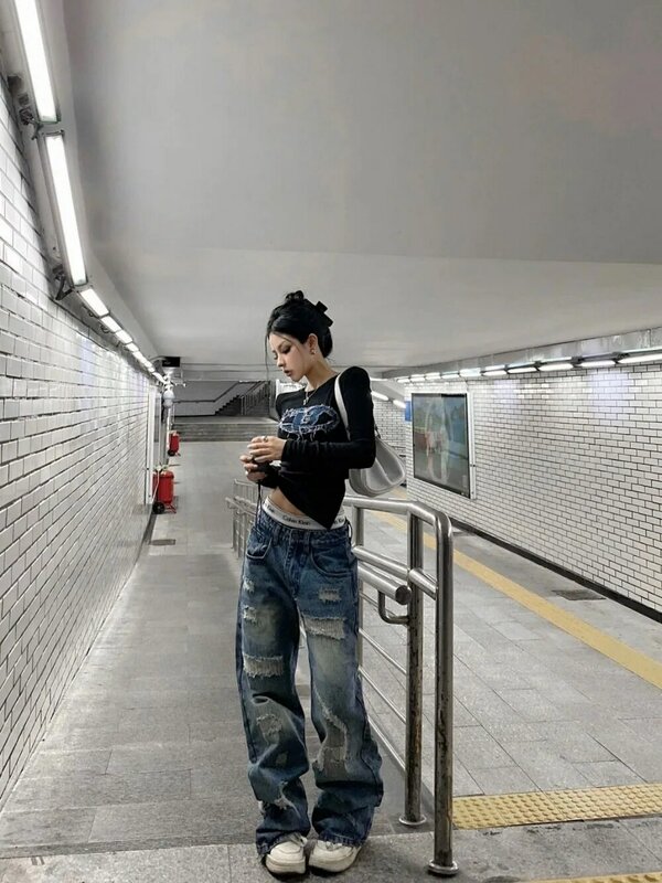 Jeans rasgados retrô para mulheres, calças largas de cintura alta, streetwear de hip hop, tie dye, estampa de letras, Y2K, novo