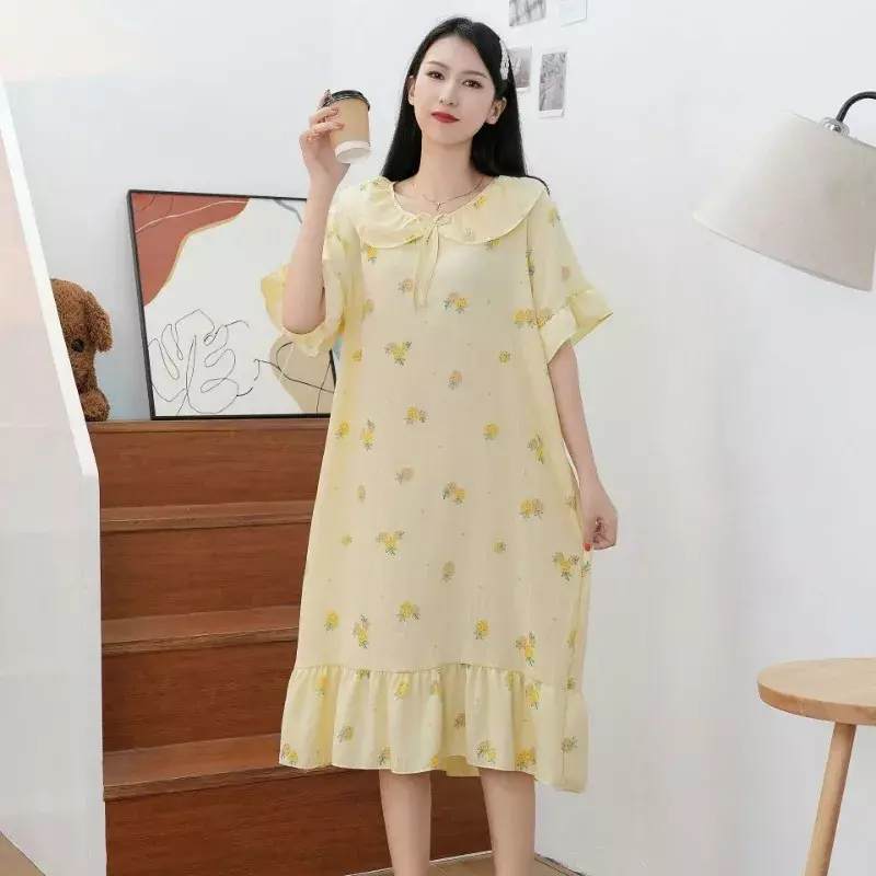 Casual Homewear Cloud Cotton Nightgowns Women Spring Summer Thin Short Sleeved Large Size Sleepshirts Ruffle Edge Dress Printed