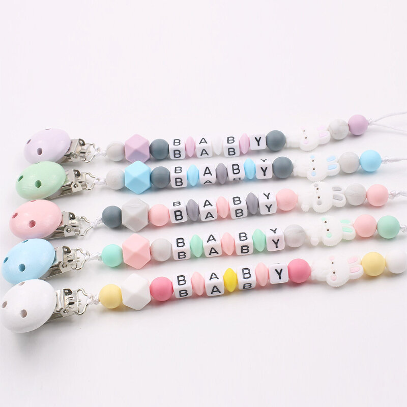 INS Personalized Name Baby Pacifier Clips Chains Cartoon Rabbit Teethers Dummy Nipple Holder Clip Newborn Pacifiers Teething Toy