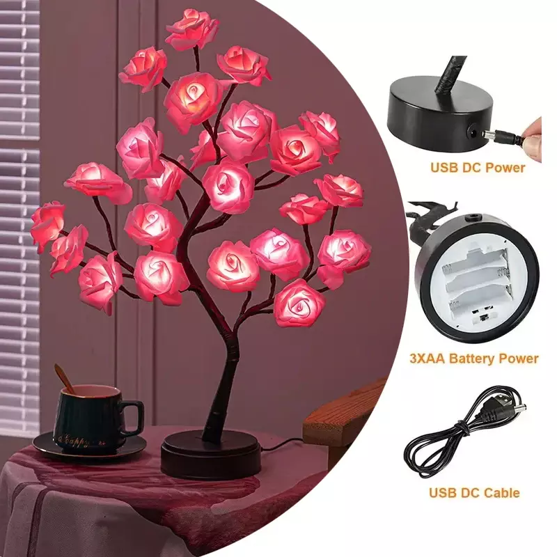 Nowość 24 róża LED drzewo kwiatowe lampki lampa stołowa USB lampka nocna na przyjęcie na imprezę bożonarodzeniowa dekoracja sypialnia ślubna prezent