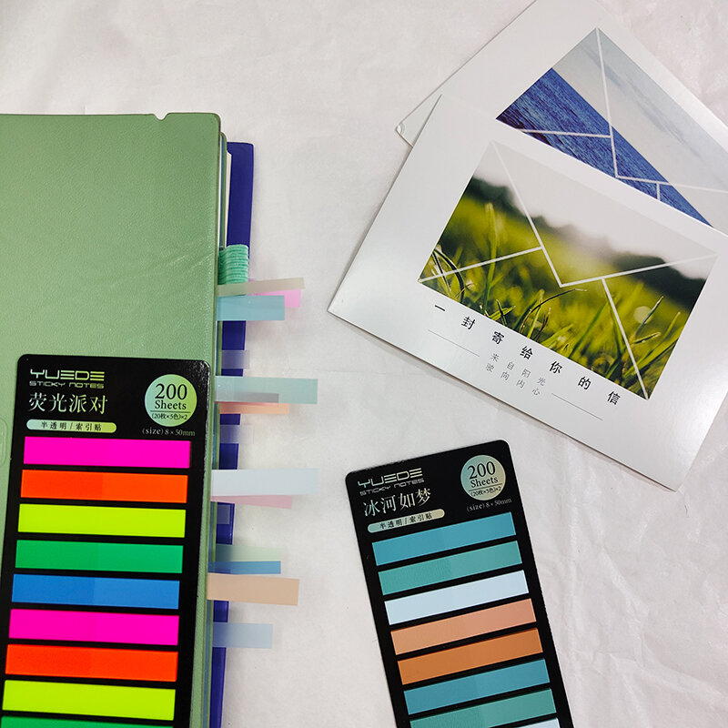 KindFuny Rainbow Long Index Stickers 1600 Sheets Fluorescent PET Waterproof Color Note Marking Key Semi Transparent Sticky Notes