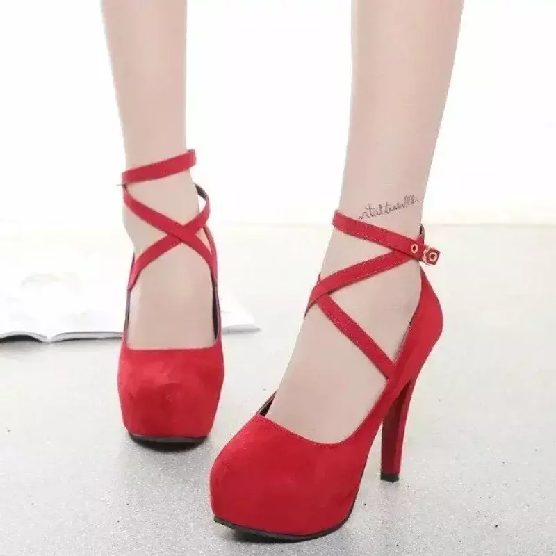 Fashion Solid Color Versatile Ultra-high Stiletto Heels Spring Autumn Style Buckle Strap Retro Round Toe Women's Shoes