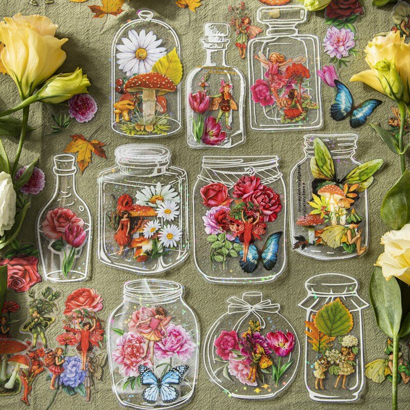 40 Buah Paket Stiker Bentuk Botol Gelas Transparan Stiker Dekorasi Bunga Alami untuk Album Buku Tempel